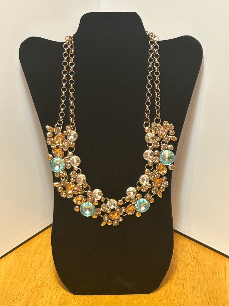 Gold-Tone Floral Crystal Statement Necklace With Aqua Accents